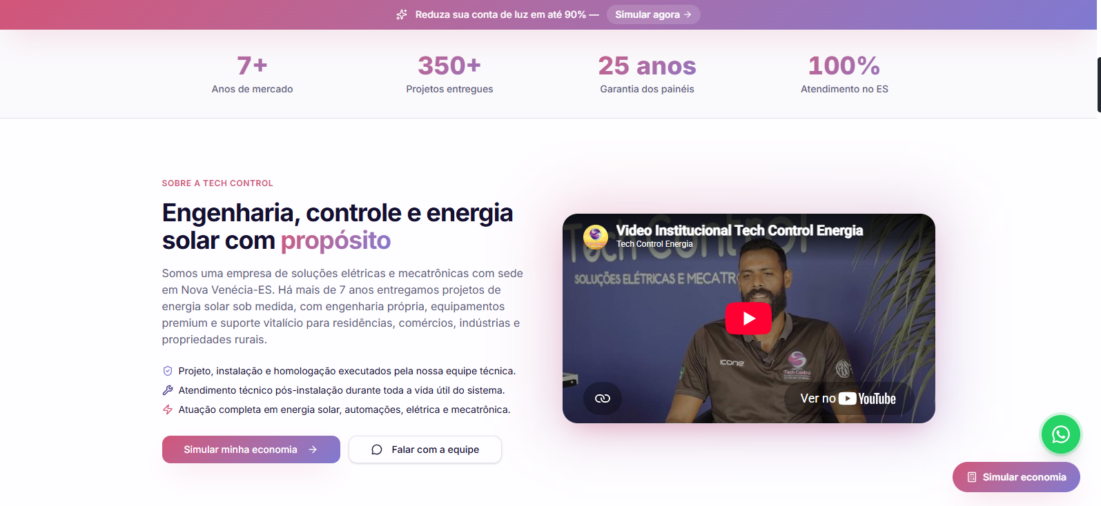 Seção institucional da Tech Control Energia Solar com vídeo, 7+ anos de mercado e 350+ projetos entregues.