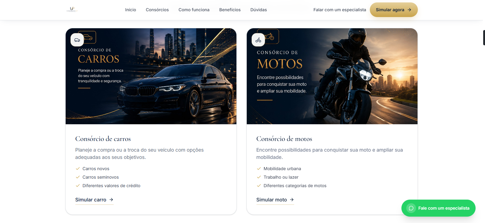 Cards de Consórcio de Carro e Consórcio de Moto no site da Consórcios UP com checklist de benefícios.