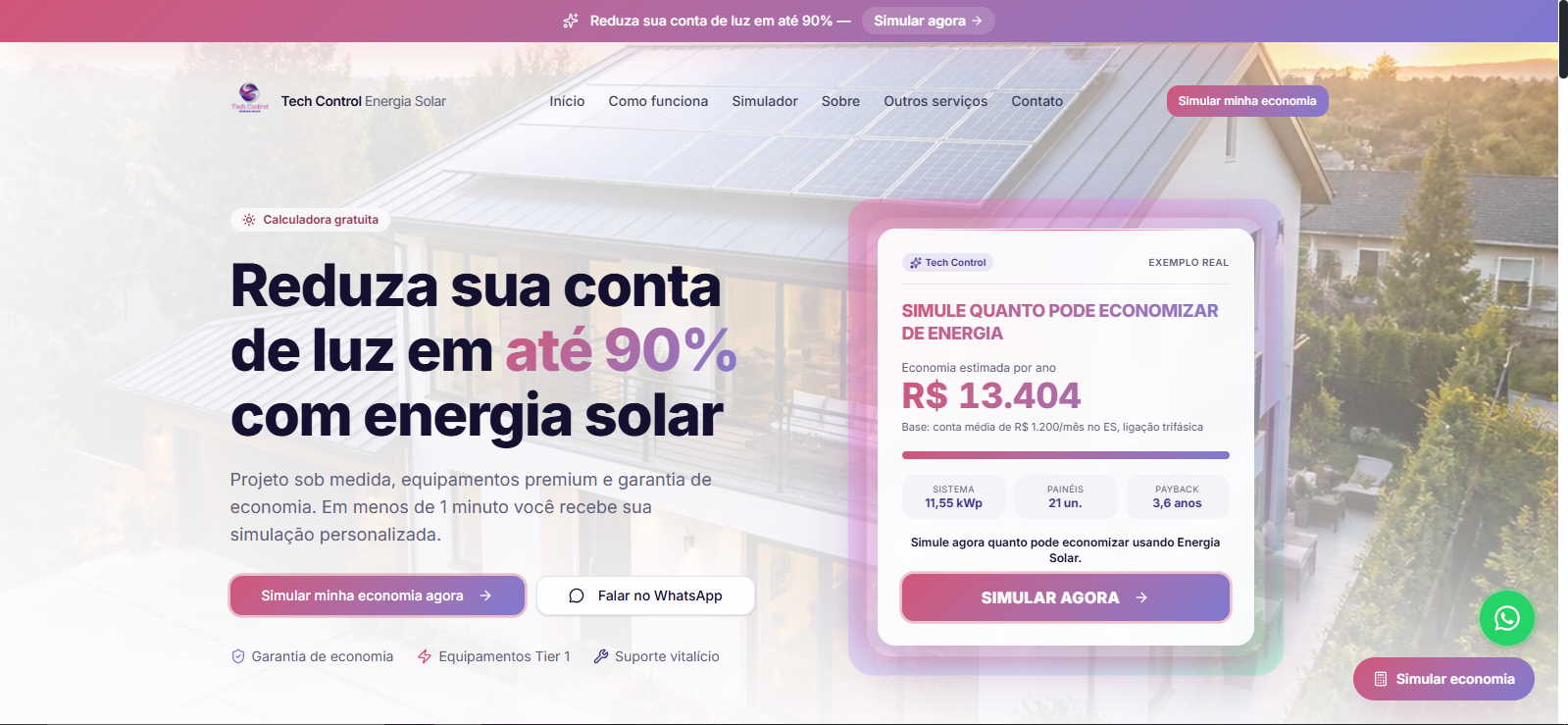 Landing page da Tech Control Energia Solar com calculadora que estima economia de R$ 13.404 por ano em energia solar.