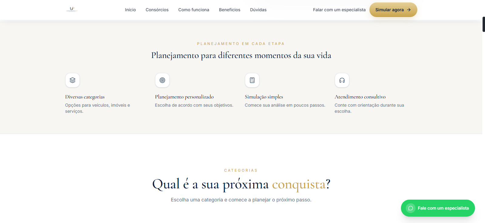 Seção 'Planejamento em cada etapa' do site da Consórcios UP com categorias, planejamento personalizado, simulação simples e atendimento consultivo.