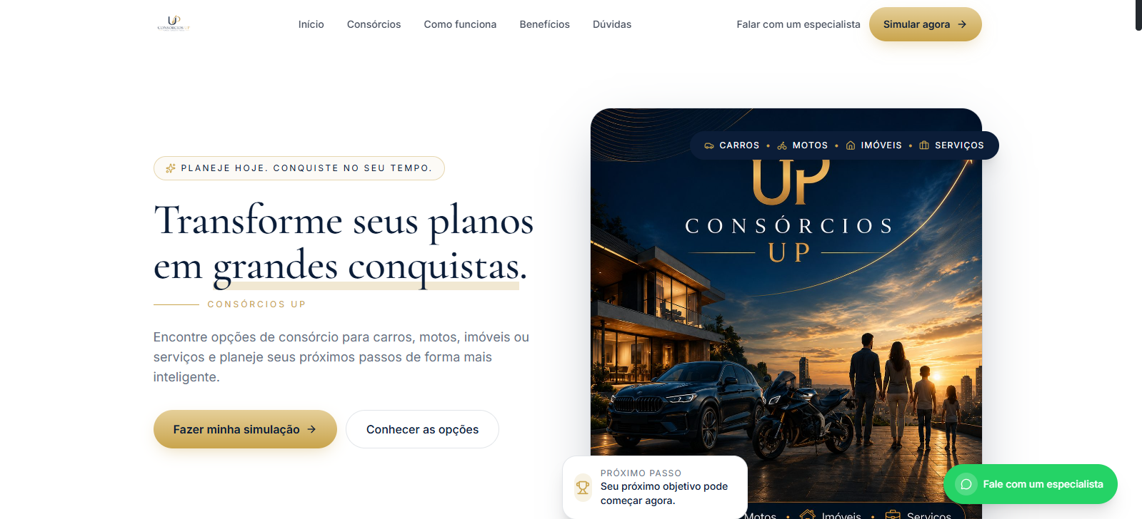 Site institucional da Consórcios UP com destaque para carros, motos, imóveis e serviços.