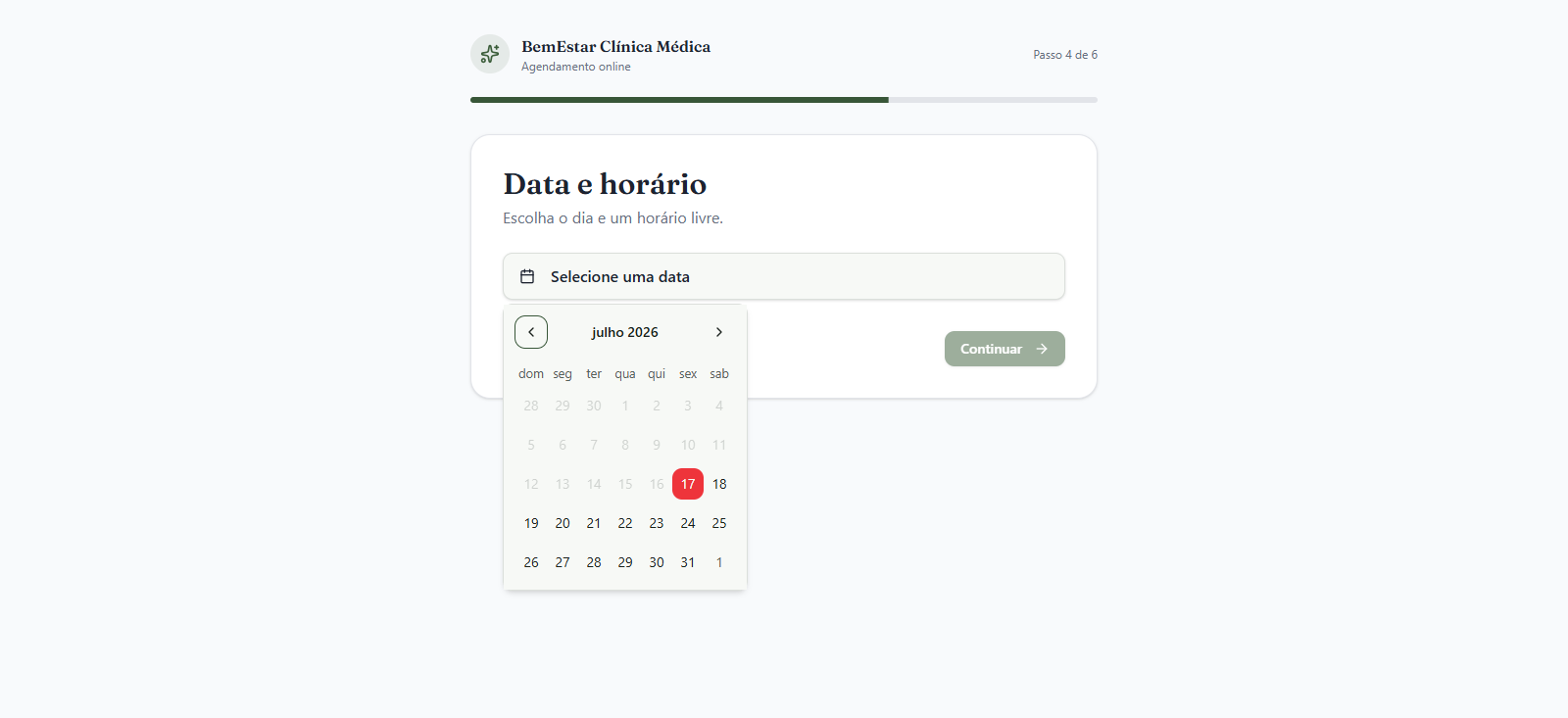 Etapa de escolha de data e horário no agendamento online da BemEstar Clínica Médica.