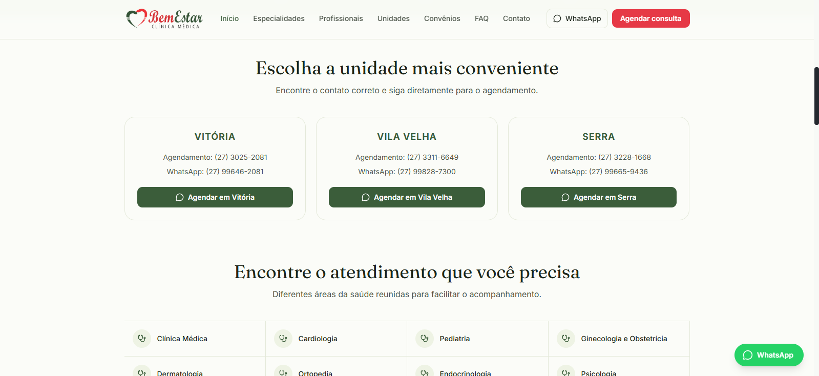 Bloco 'Escolha a unidade mais conveniente' da BemEstar com cards de Vitória, Vila Velha e Serra e botões de agendamento.